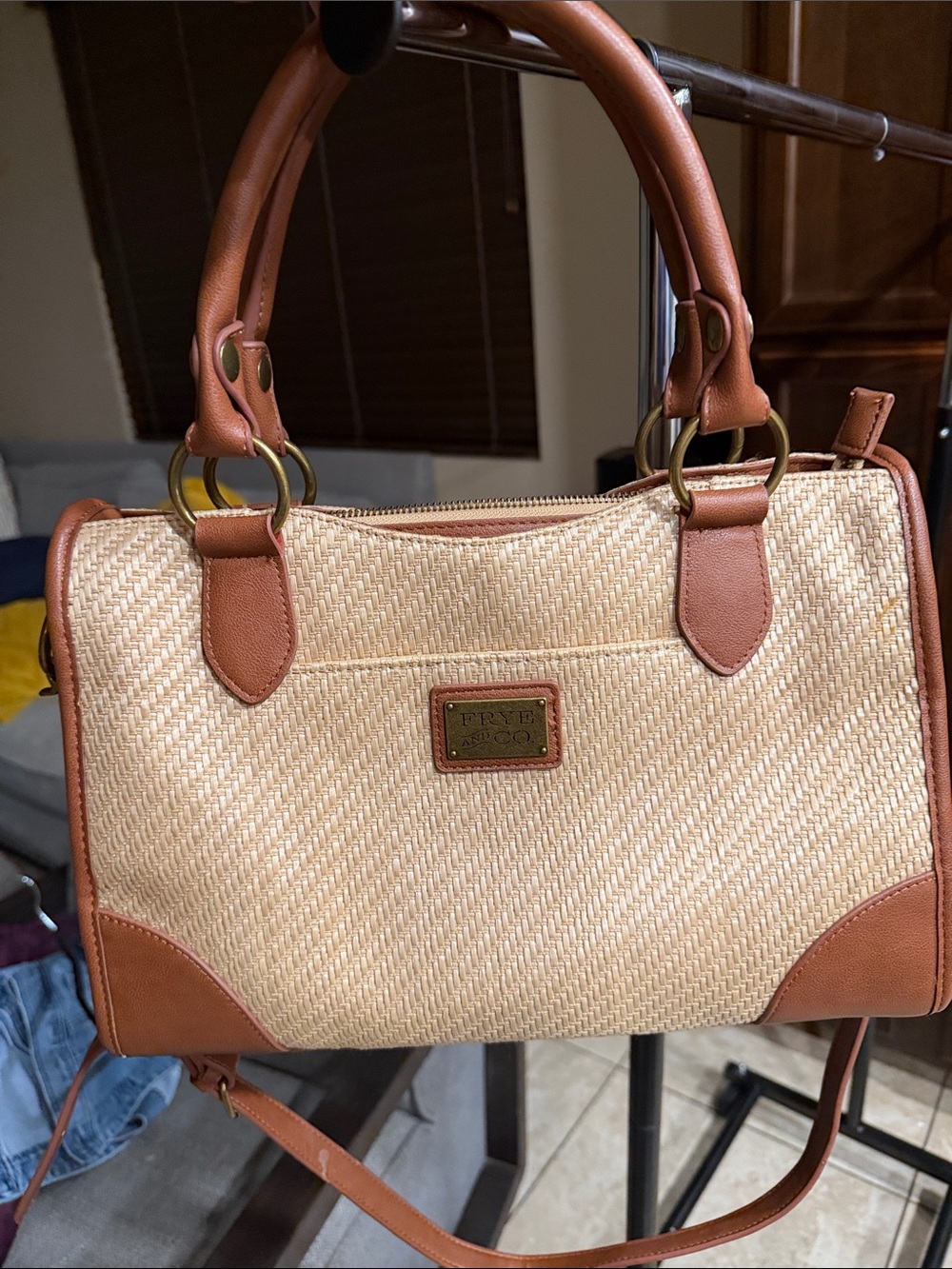 FRYE AND CO. Natural Woven Satchel with Tan Trim